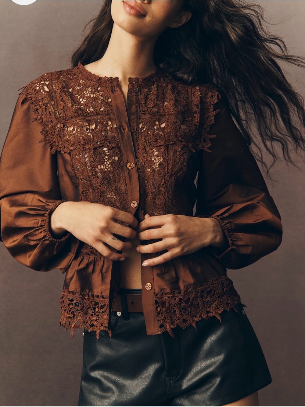 Anthropologie Brown Lace-Trim Button Front Blouse